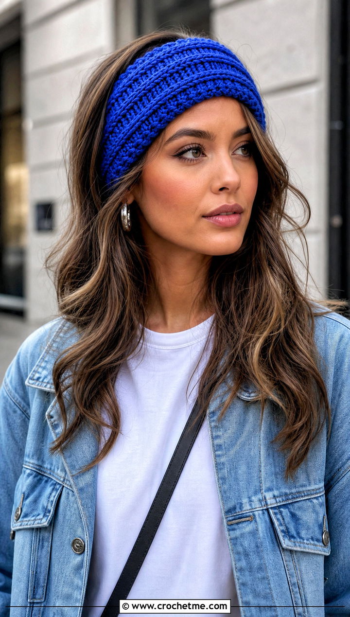 Ribbed Wide Cinch Crochet Headband With Denim Jacket - 15 wide cinch crochet headband outfit ideas