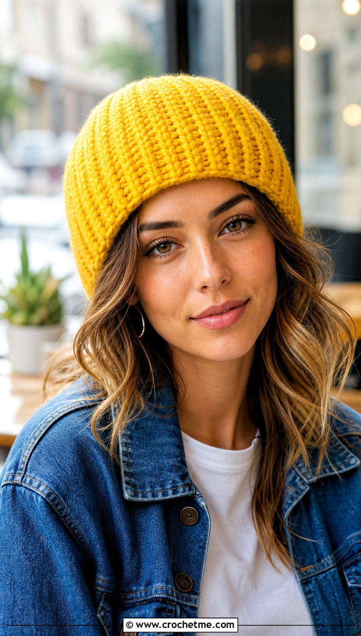 Ribbed Wool Ease Crochet Beanie With Denim Jacket - 25 Wool Ease Crochet Hat outfit ideas