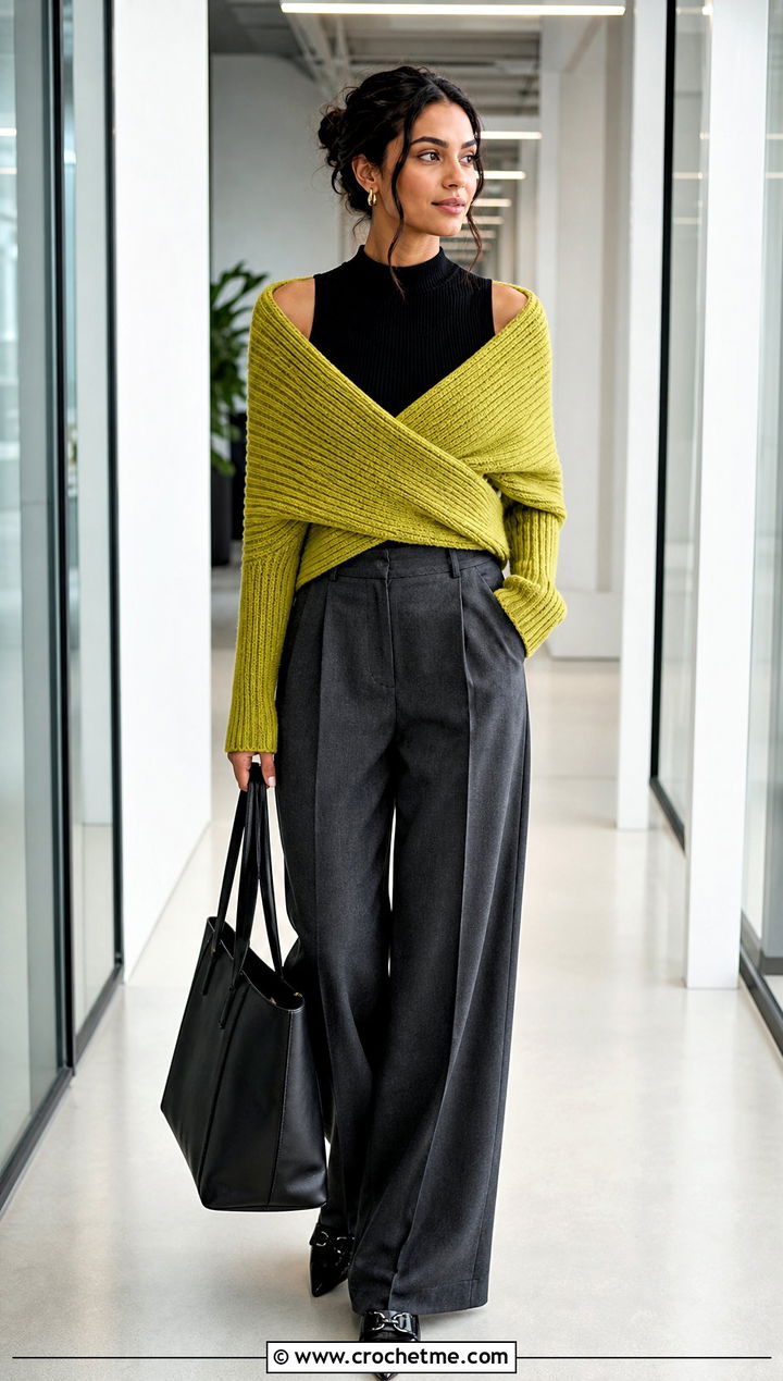 Ribbed Wrap Around Shrug With Tailored Trousers - 25 Crochet Wrap Around Shrug outfit ideas