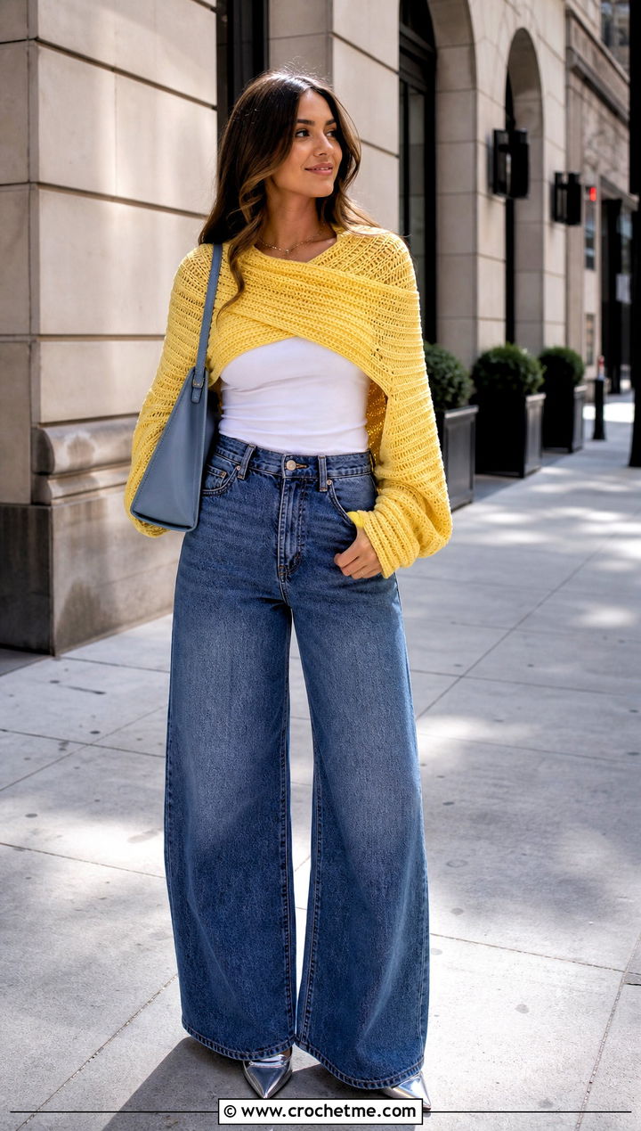 Ribbed Wrap Around Shrug With Wide Leg Jeans - 25 crochet wrap around shrug with sleeves outfit ideas