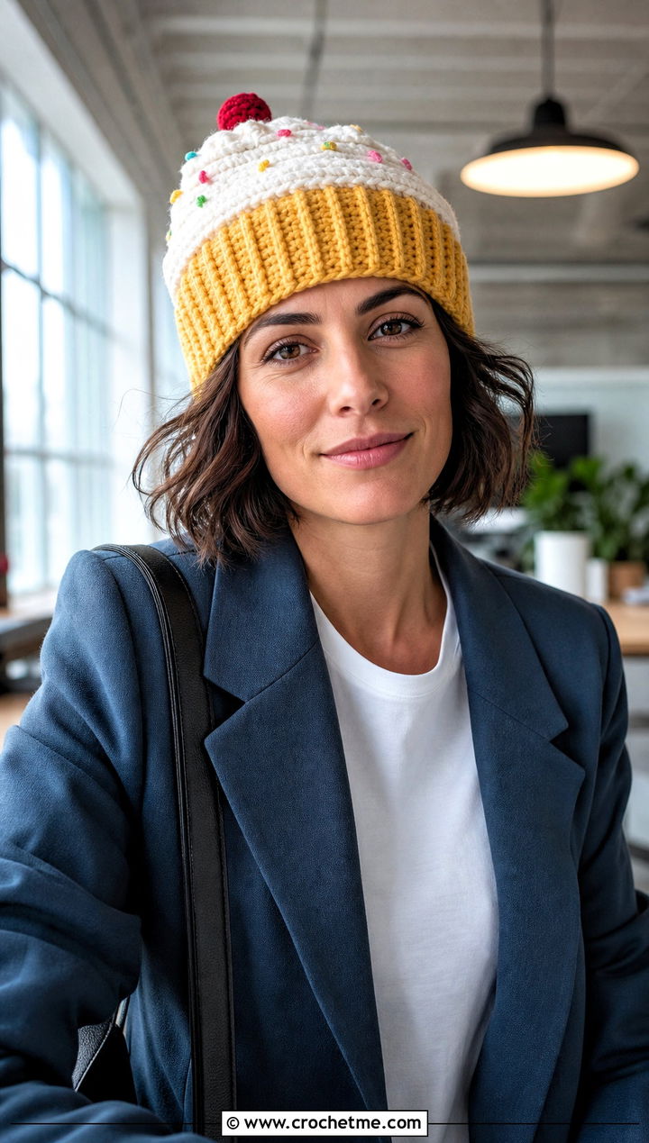 Ribbed Wrapper Crochet Cupcake Beanie With Blazer - 15 Crochet Cupcake Beanie outfit ideas