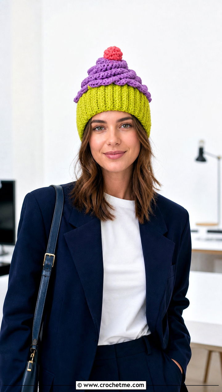 Ribbed Wrapper Crochet Cupcake Hat With Blazer - 30 crochet cupcake hat outfit ideas