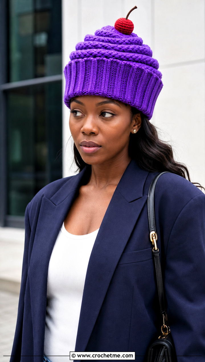 Ribbed Wrapper Cupcake Crochet Hat With Blazer - 25 cupcake crochet hat outfit ideas