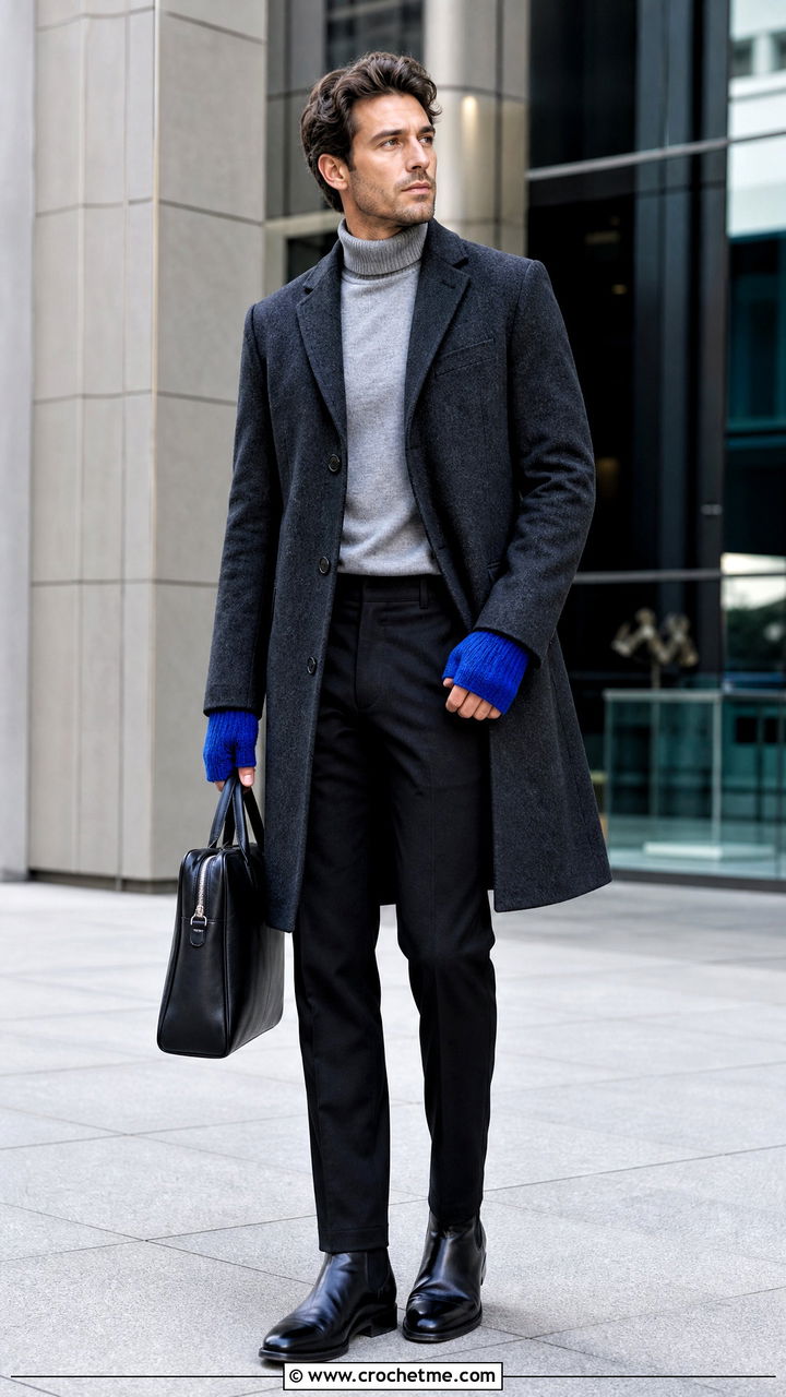 Ribbed Wrist Warmers With Wool Overcoat - 35 crochet gloves for men outfit ideas