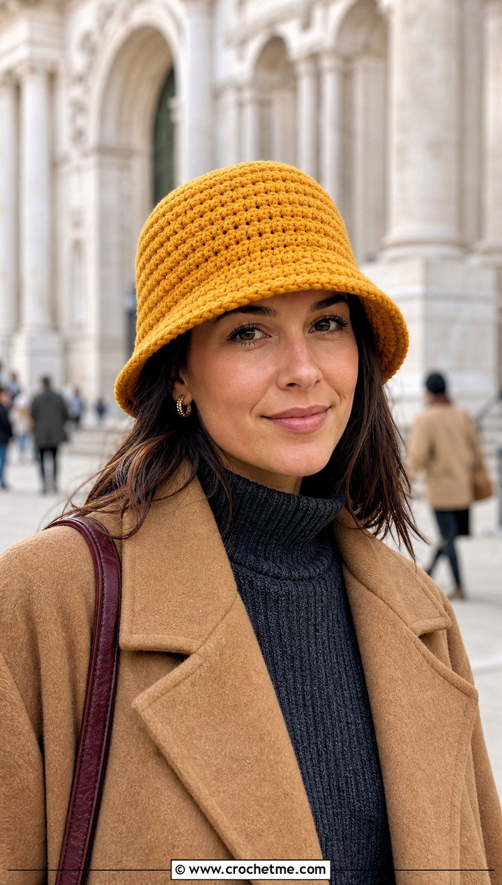 Ribbed Yellow Crochet Bucket Hat With Sweater Dress - 30 yellow crochet bucket hat outfit ideas