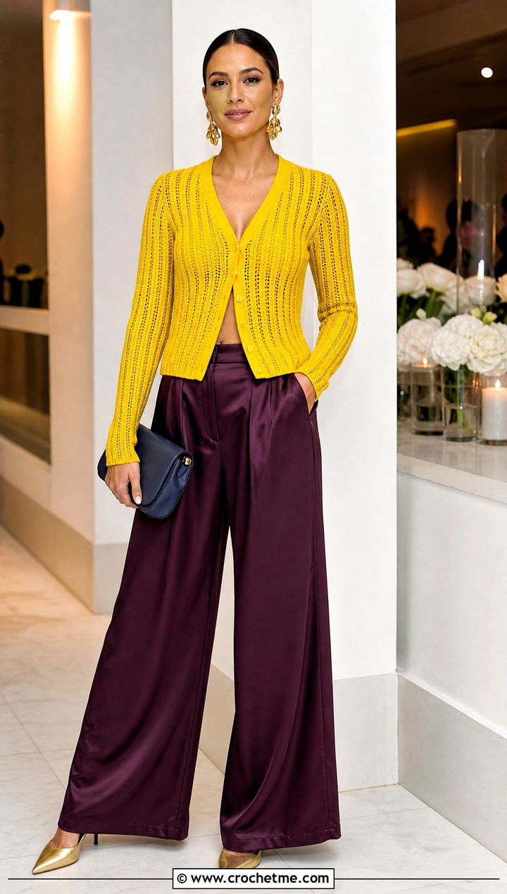 Ribbed Yellow Crochet Cardigan With Satin Trousers - 30 yellow crochet cardigan outfit ideas