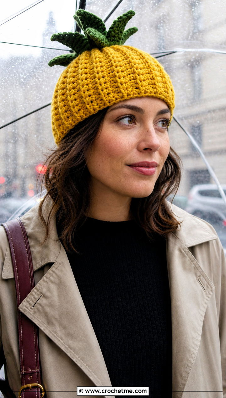 Ribbed Yellow Crochet Pineapple Beanie With A Trench Coat - 15 Yellow Crochet Pineapple Hat outfit ideas