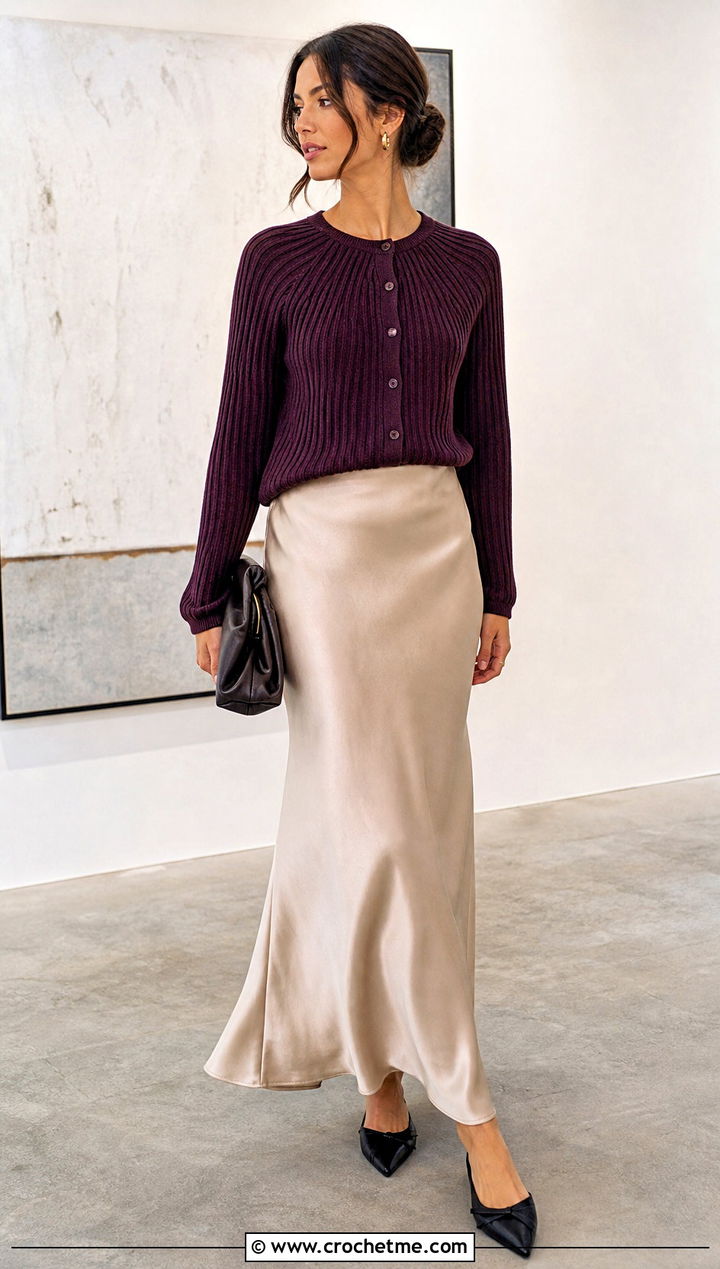 Ribbed Yoke Cardigan With Satin Maxi Skirt - 20 Crochet Yoke Cardigan outfit ideas