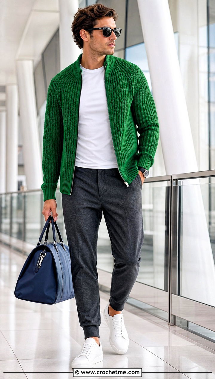 Ribbed Zip Up Crochet Jacket With Jogger Trousers - 15 Crochet Mens Jacket outfit ideas