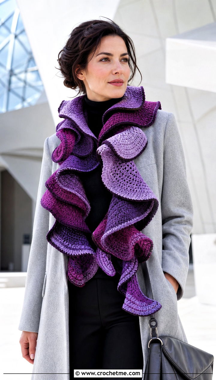 Ribbon Candy Scarf With Long Wool Coat - 15 crochet candy scarf outfit ideas