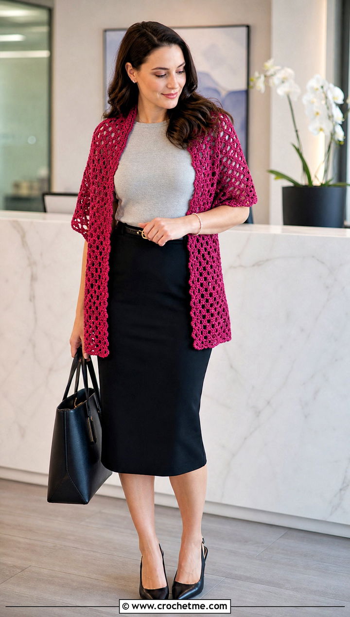 Ribbon Crochet Stole With Pencil Skirt - 25 Vintage Crochet Shawl outfit ideas