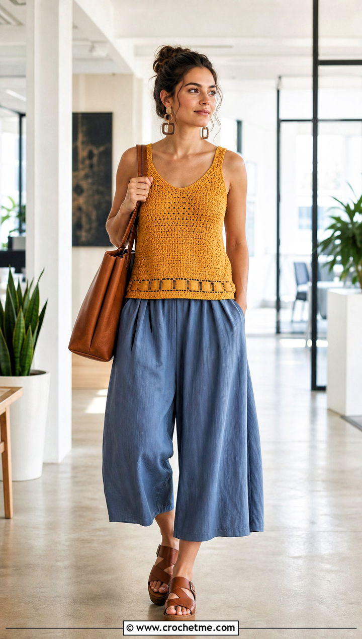 Ribbon Hem Crochet Tank With Wide Leg Culottes - 35 crochet top with ribbon outfit ideas