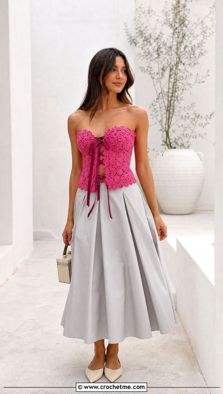 Ribbon Lace Crochet Bustier With Full Midi Skirt - 30 crochet bustier outfit ideas