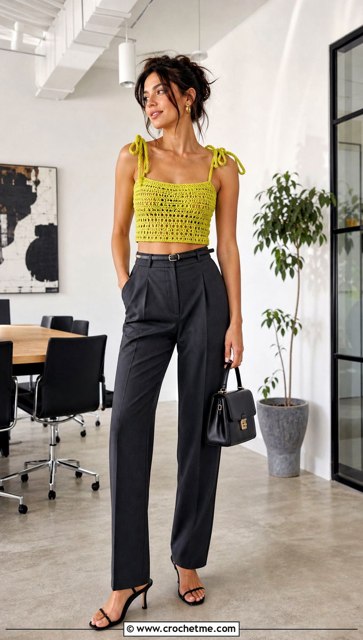 Ribbon Strap Crochet Crop Top With Tailored Trousers - 35 crochet top with ribbon outfit ideas