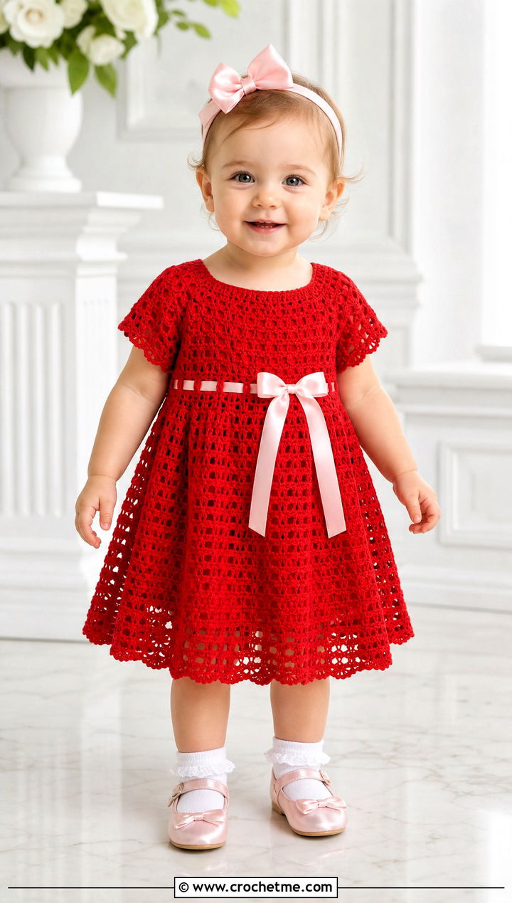 Ribbon Threaded Crochet Baptism Dress With Satin Shoes - 15 crochet baptism dress outfit ideas