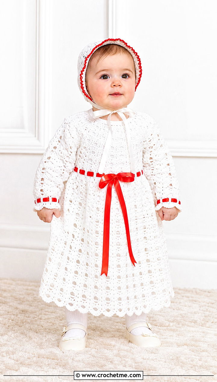 Ribbon Threaded Crochet Baptism Gown With Tights - 15 Crochet Baptism Gown outfit ideas