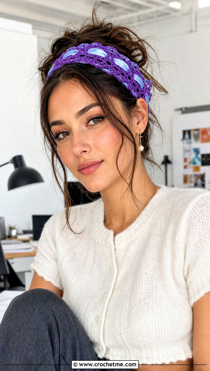 Ribbon Threaded Crochet Lace Headband With Cardigan And Trousers - 30 crochet lace headband outfit ideas
