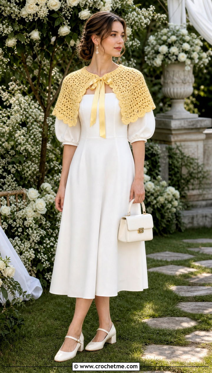 Ribbon Tie Crochet Capelet With Puff Sleeve Dress - 25 Crochet Wedding Cape outfit ideas