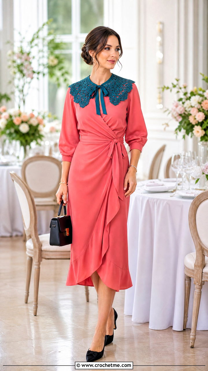 Ribbon Tie Crochet Collar With Wrap Dress And Kitten Heels - 35 crochet collar outfit ideas
