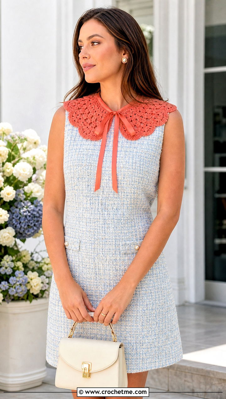 Ribbon Tie Crochet Doll Collar With Tweed Dress - 25 Crochet Doll Collar outfit ideas