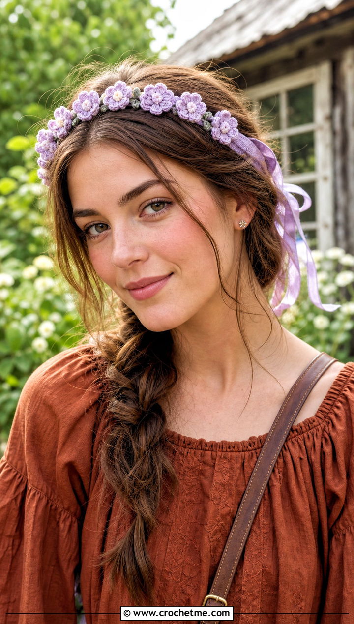 Ribbon Tie Crochet Flower Crown Headband With Prairie Dress - 25 crochet flower crown headband outfit ideas