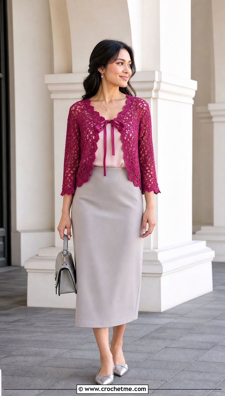 Ribbon Tie Crochet Lace Shrug With Column Skirt - 35 crochet lace shrug outfit ideas