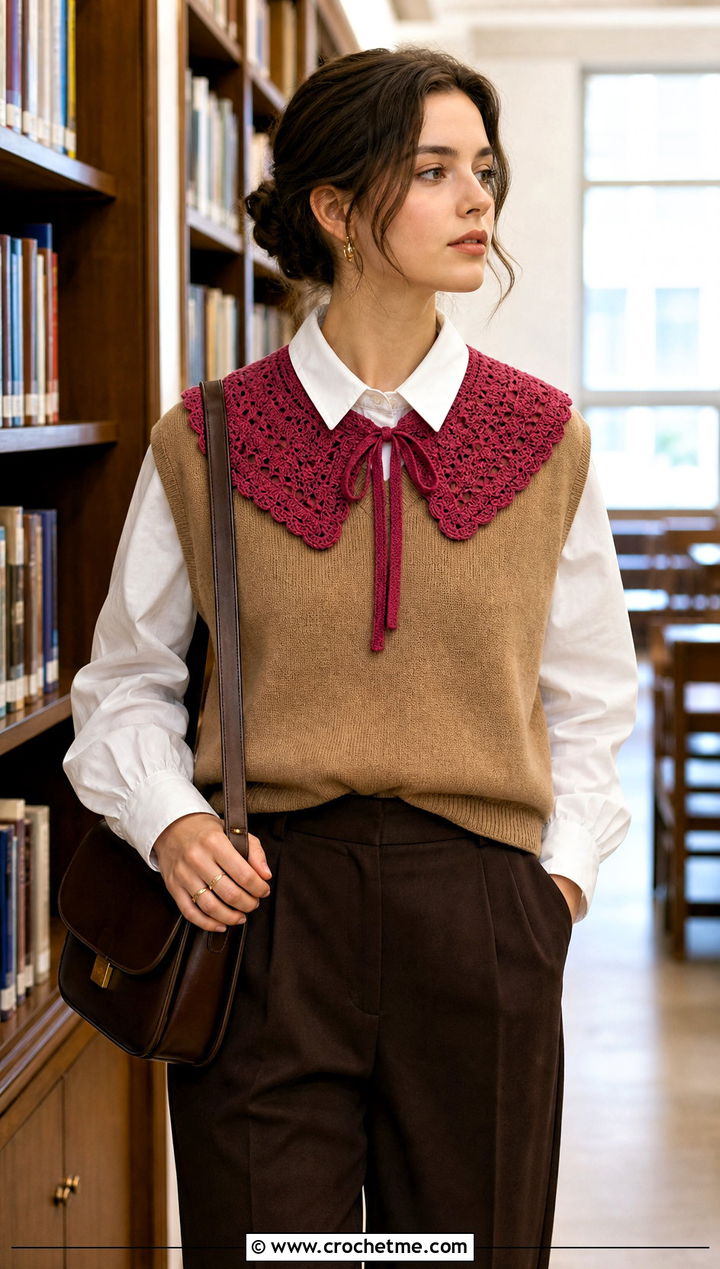 Ribbon Tie Crochet Sailor Collar With Sweater Vest And Shirt - 30 crochet sailor collar outfit ideas