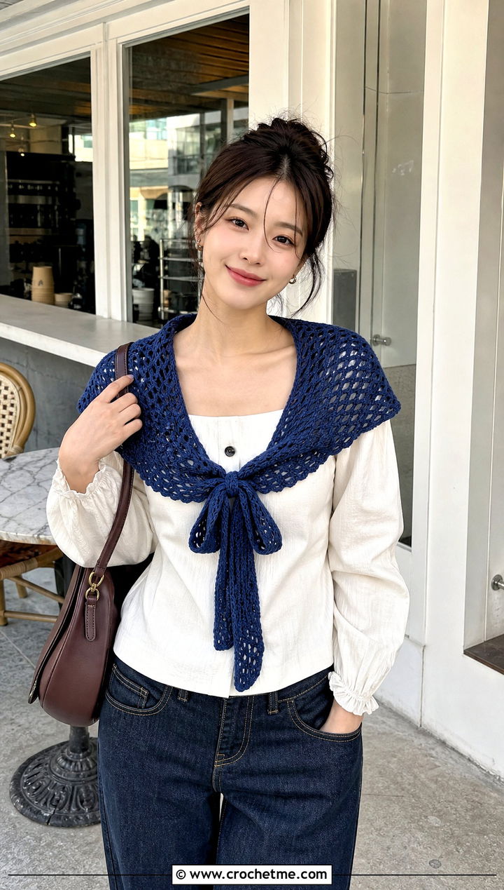 Ribbon Tie Fichu With Square Neck Blouse And Barrel Jeans - 25 Victorian Crochet Shawl outfit ideas