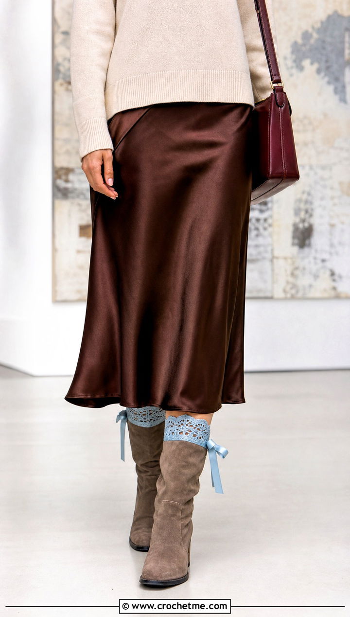 Ribbon Tie Lace Boot Cuffs With Satin Skirt And Suede Boots - 15 Crochet Lace Boot Cuffs outfit ideas