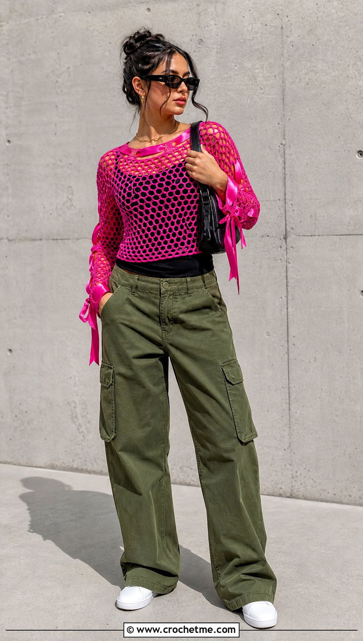 Ribbon Trim Mesh Crochet Top With Cargo Pants - 35 crochet top with ribbon outfit ideas