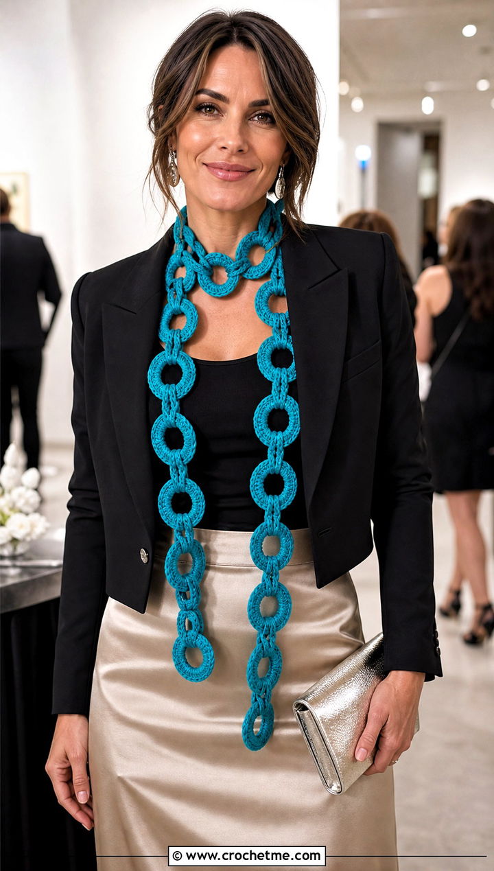 Ribbon Yarn Chain Link Scarf With Satin Slip Skirt - 25 Crochet Chain Link Scarf outfit ideas