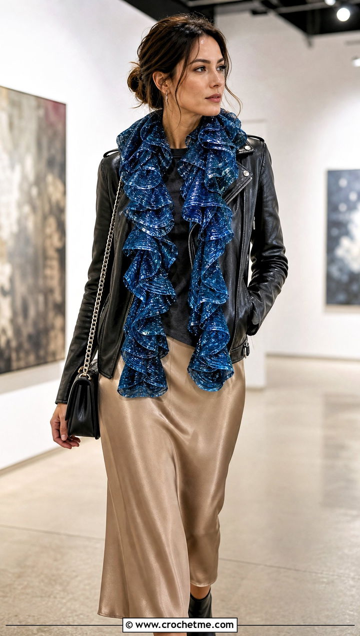 Ribbon Yarn Ruffle Scarf With Moto Jacket And Slip Skirt - 30 crochet ruffle scarf outfit ideas
