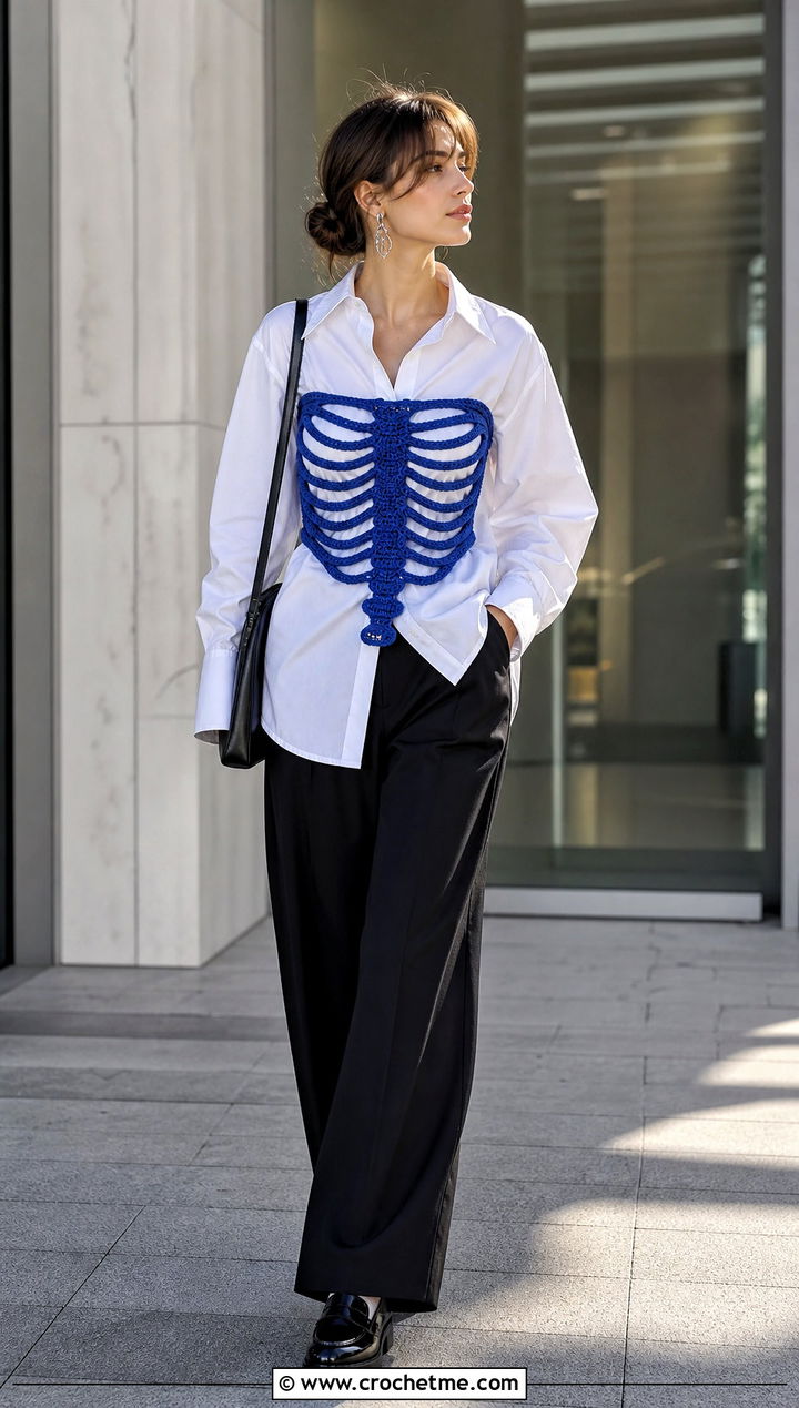 Ribcage Crochet Skeleton Corset With White Shirt - 15 crochet skeleton corset outfit ideas