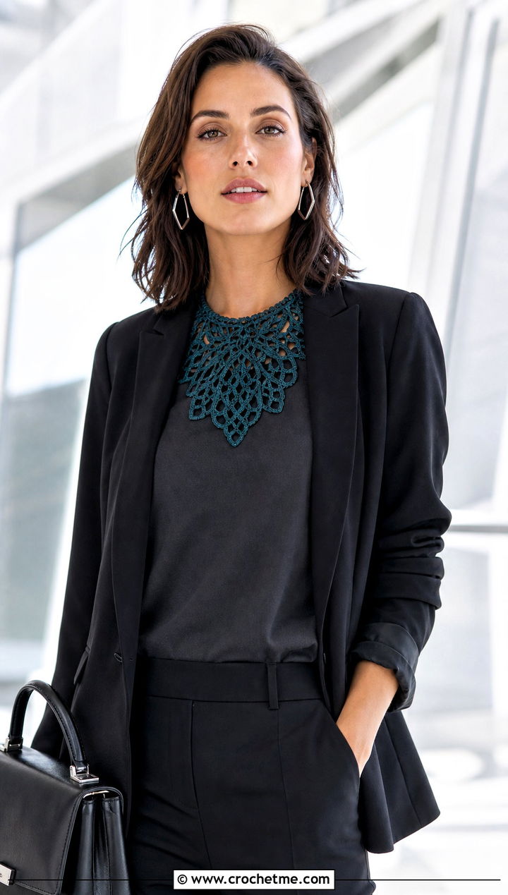 Rich Teal Lace Eyelet Crochet Collar With Tailored Suit - 15 wednesday addams crochet collar outfit ideas