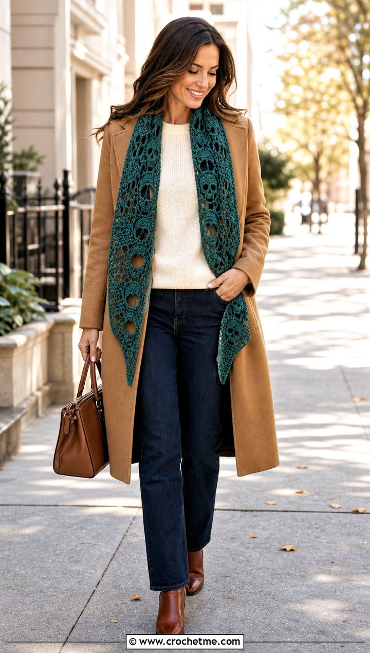 Rich Teal Lost Souls Shawl With Camel Coat - 35 crochet lost souls shawl outfit ideas