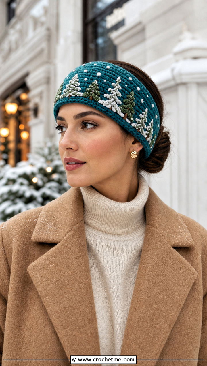 Rich Teal Mosaic Crochet Winter Wonderland Headband With Camel Wool Coat - 15 Mosaic Crochet Winter Wonderland Headband outfit ideas
