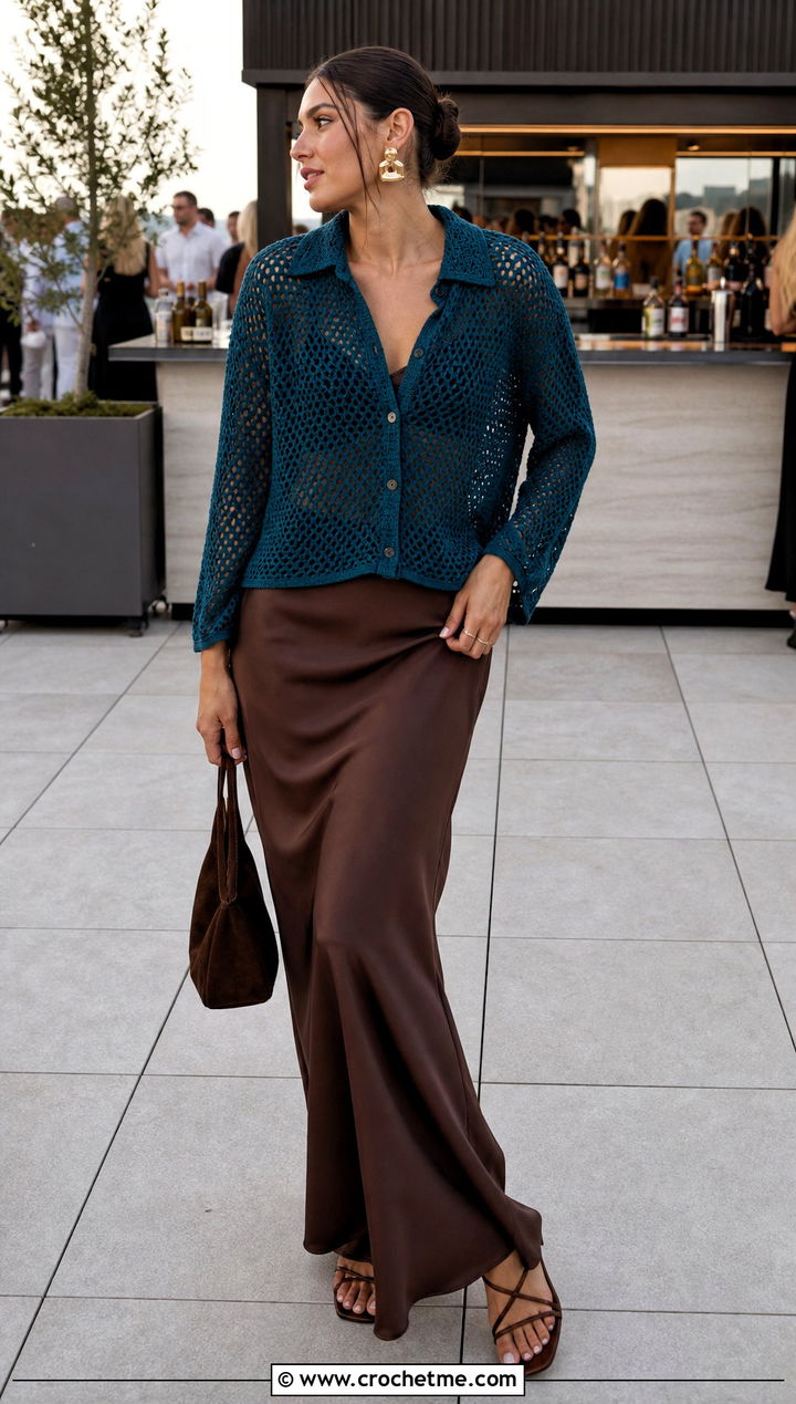 Rich Teal Relaxed Fit Stussy Crochet Shirt With Satin Slip Skirt - 15 stussy crochet shirt outfit ideas