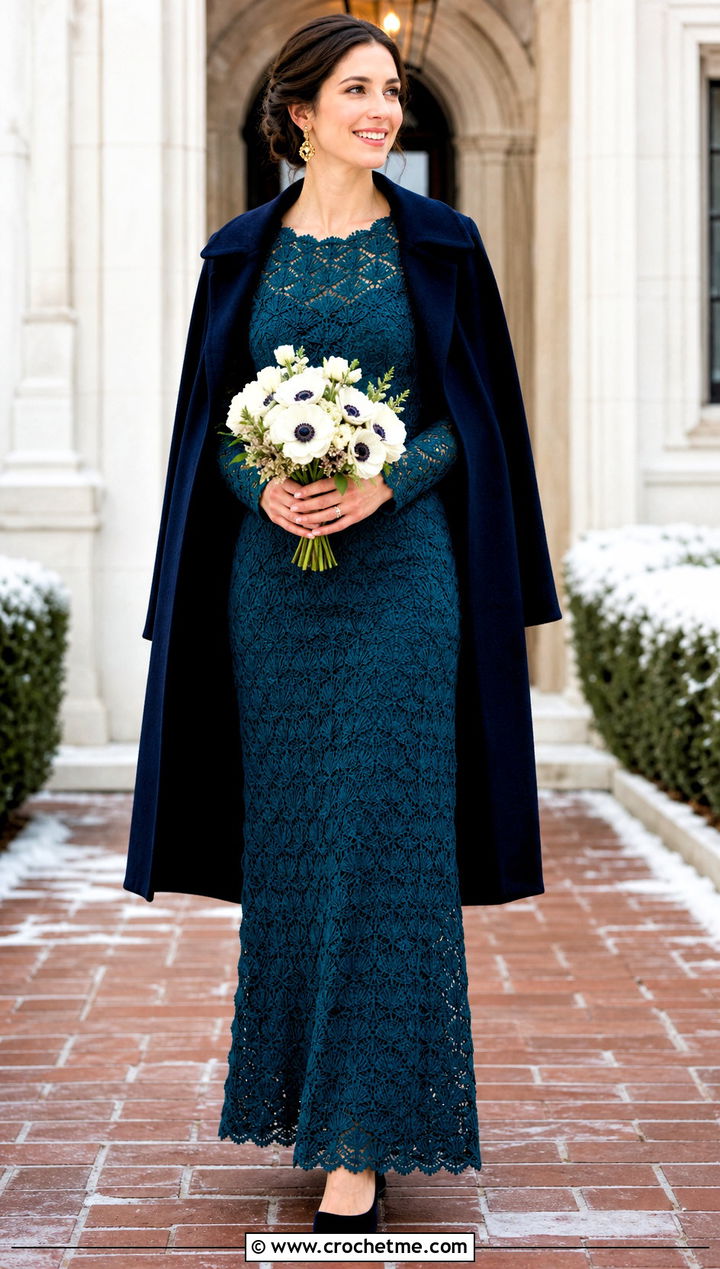 Rich Teal Shell Stitch Long Sleeve Crochet Wedding Dress With Velvet Heels - 15 long sleeve crochet wedding dress outfit ideas