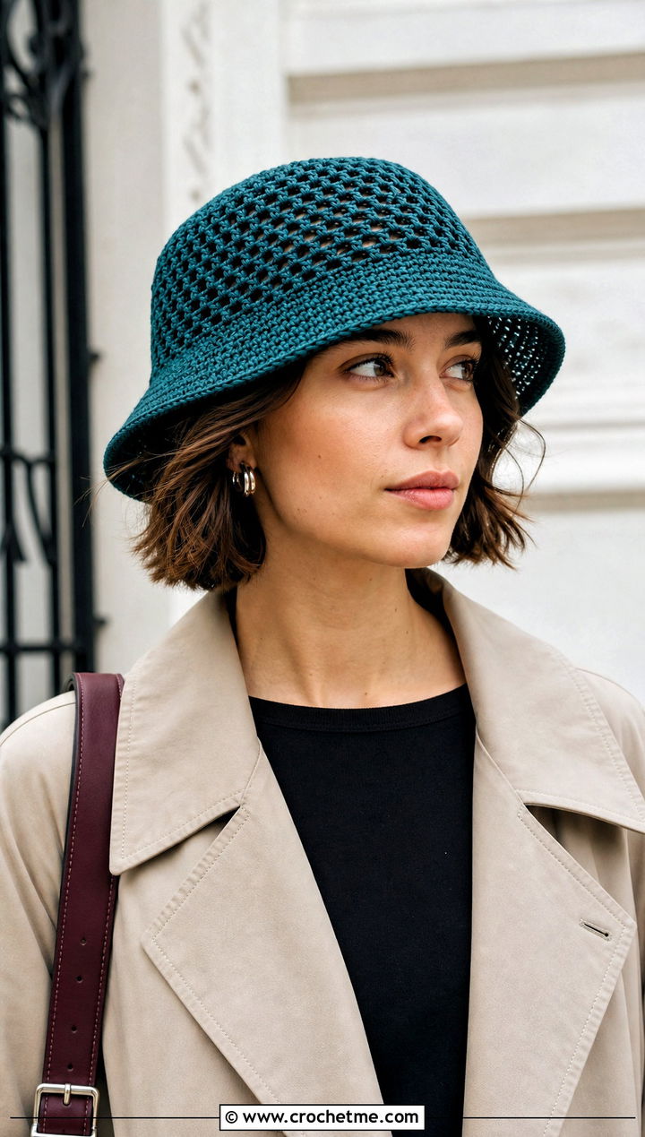 Rich Teal Short Brim Mesh Bucket Hat With Trench Coat - 30 crochet mesh bucket hat outfit ideas