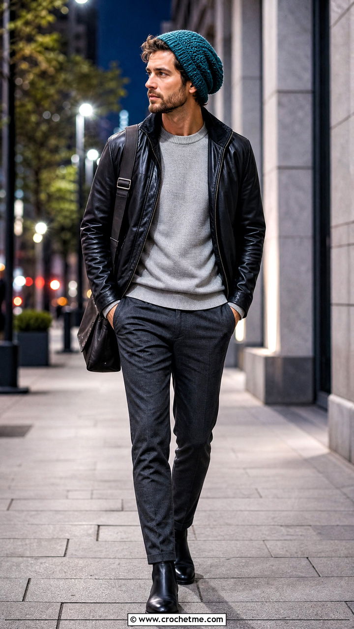 Rich Teal Slouchy Crochet Beanie With Leather Jacket - 35 mens crochet hats outfit ideas