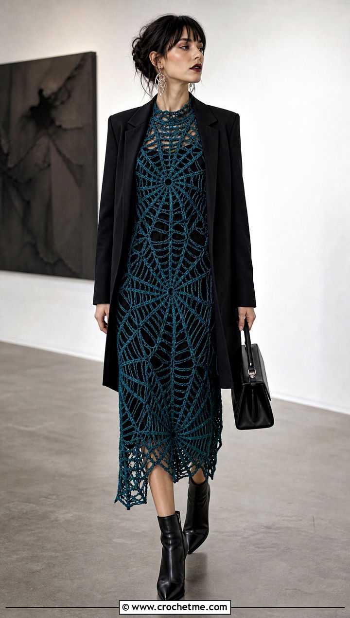 Rich Teal Spiderweb Crochet Dress With Blazer - 15 goth crochet dress outfit ideas