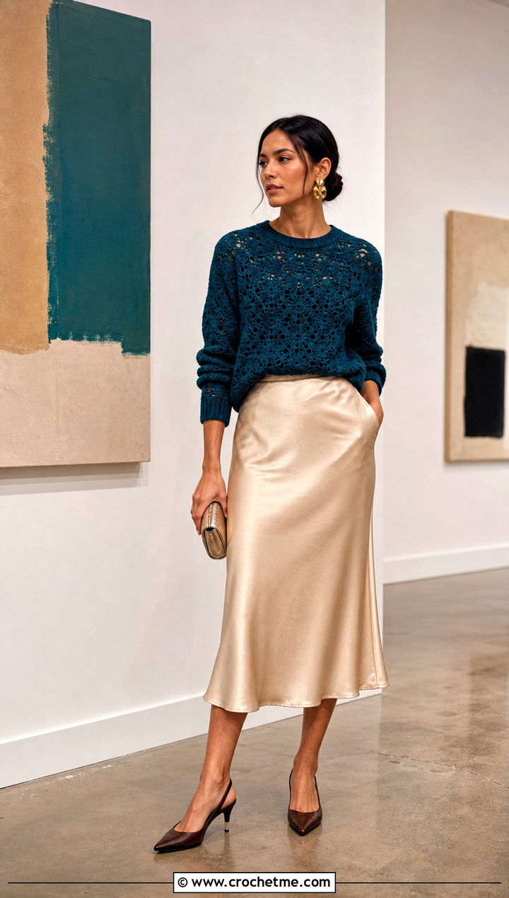 Rich Teal Sunset Crochet Sweater With Satin Midi Skirt - 20 Sunset Crochet Sweater outfit ideas