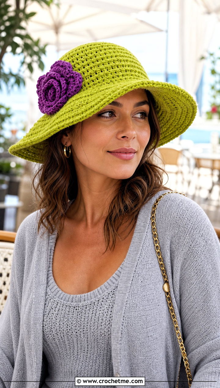 Ridge Brim Crochet Flower Hat With Cardigan Set - 30 crochet flower hat outfit ideas