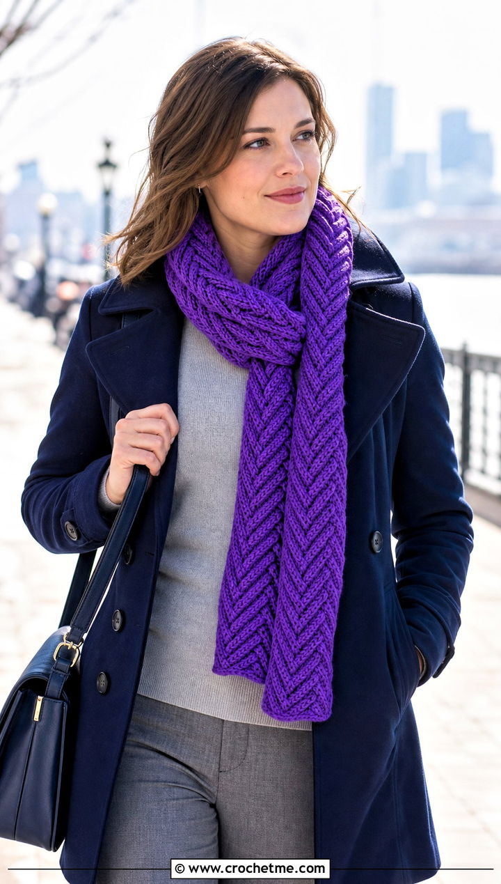Ridge V Stitch Crochet Scarf With Peacoat - 30 crochet v stitch scarf outfit ideas