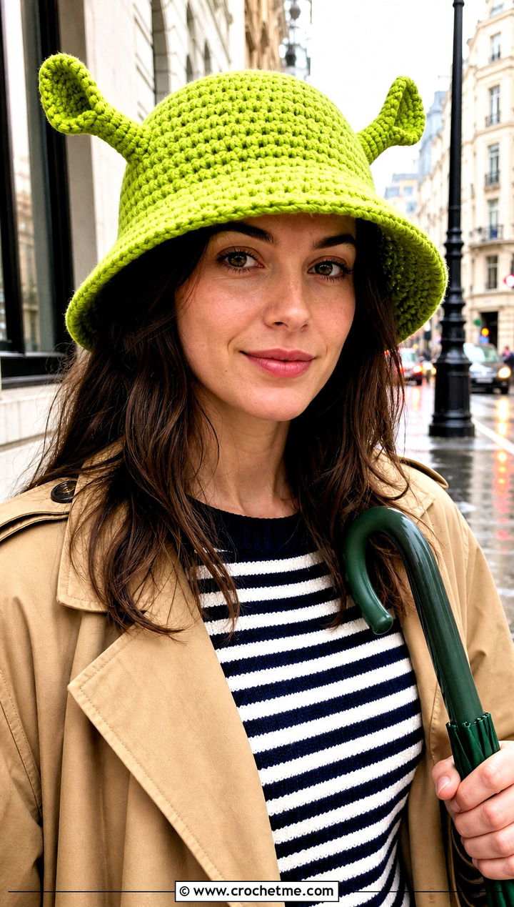 Rigid Brim Crochet Shrek Bucket Hat With Trench Coat - 15 Crochet Shrek Bucket Hat outfit ideas