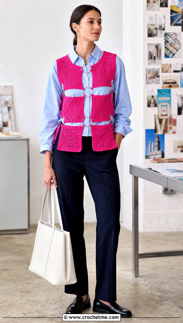 Ring Panel Crochet Vest Top Over Poplin Shirt - 25 Crochet Top With Metal Ring outfit ideas