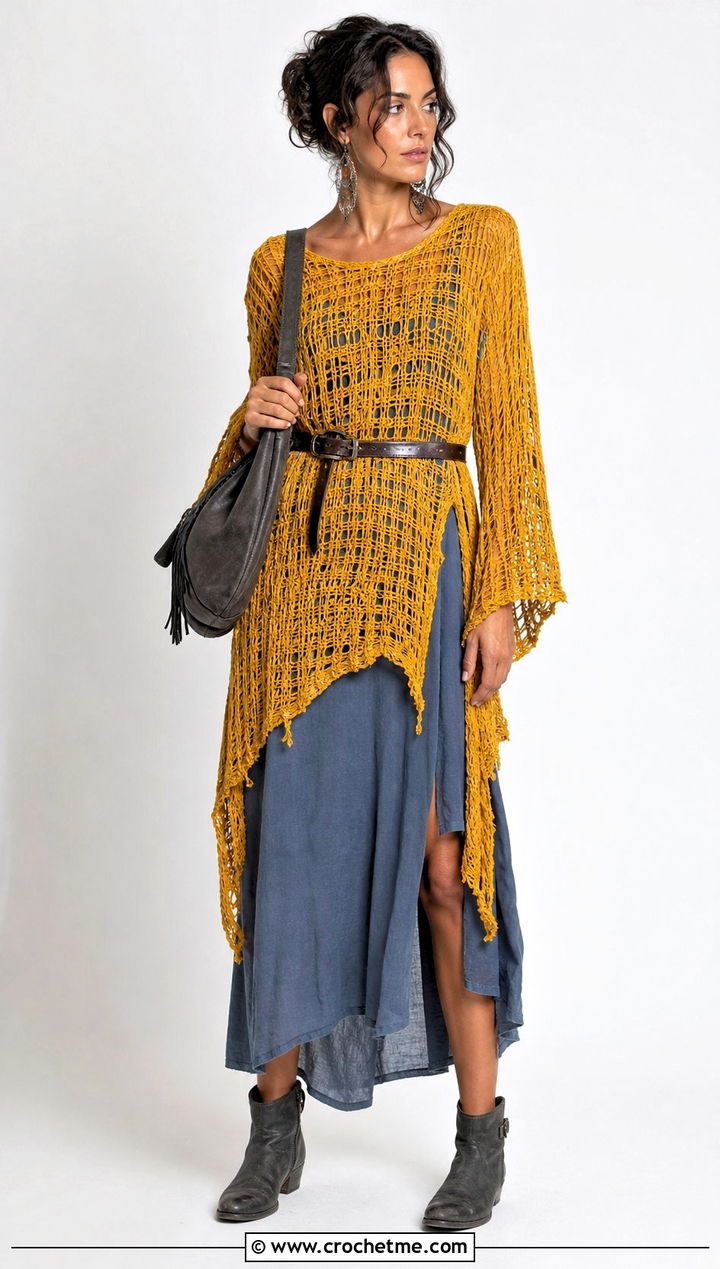 Ripped Crochet Tunic Top Over Slip Dress - 25 Ripped Crochet Top outfit ideas