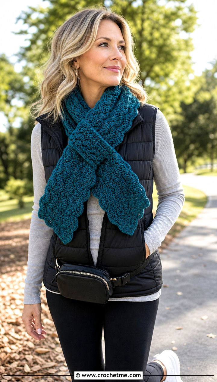 Ripple Crochet Button Hole Scarf With Puffer Vest And Leggings - 15 Crochet Button Hole Scarf outfit ideas