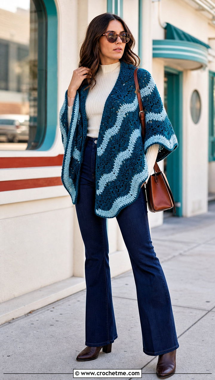 Ripple Crochet Circular Shawl With Flared Jeans - 30 crochet circular shawl outfit ideas