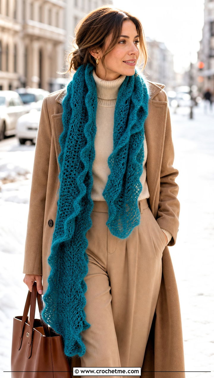 Ripple Crochet Mohair Scarf With Wool Coat - 30 crochet mohair scarf outfit ideas